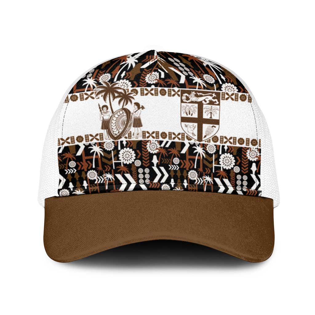 Fiji Bati Baseball Net Cap Masi-inspired Tapa Pattern LT9 One Size White Brown - Polynesian Pride