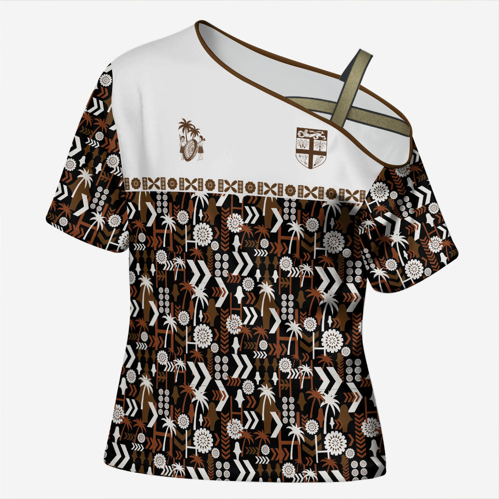 Fiji Bati Cross Shoulder Shirt Masi-inspired Tapa Pattern LT9 Female Brown - Polynesian Pride
