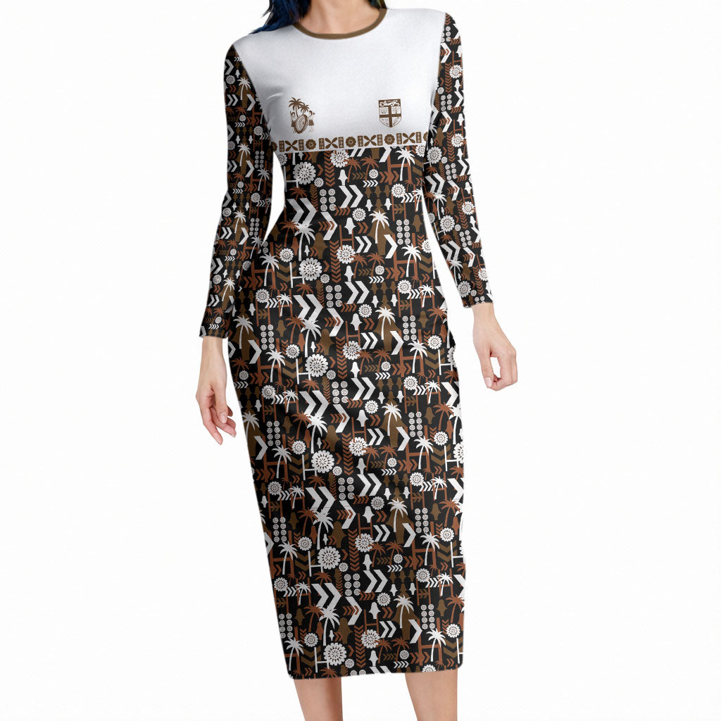 Fiji Bati Long Sleeve Bodycon Dress Masi-inspired Tapa Pattern LT9 Long Dress Brown - Polynesian Pride