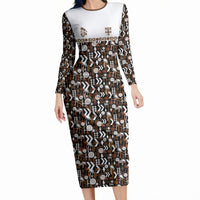 Fiji Bati Long Sleeve Bodycon Dress Masi-inspired Tapa Pattern LT9 Long Dress Brown - Polynesian Pride