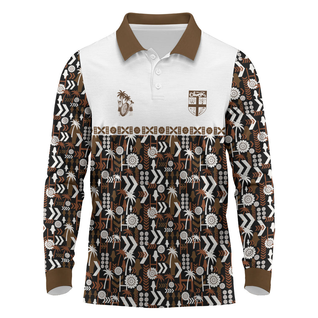 Fiji Bati Long Sleeve Polo Shirt Masi-inspired Tapa Pattern LT9 Brown - Polynesian Pride