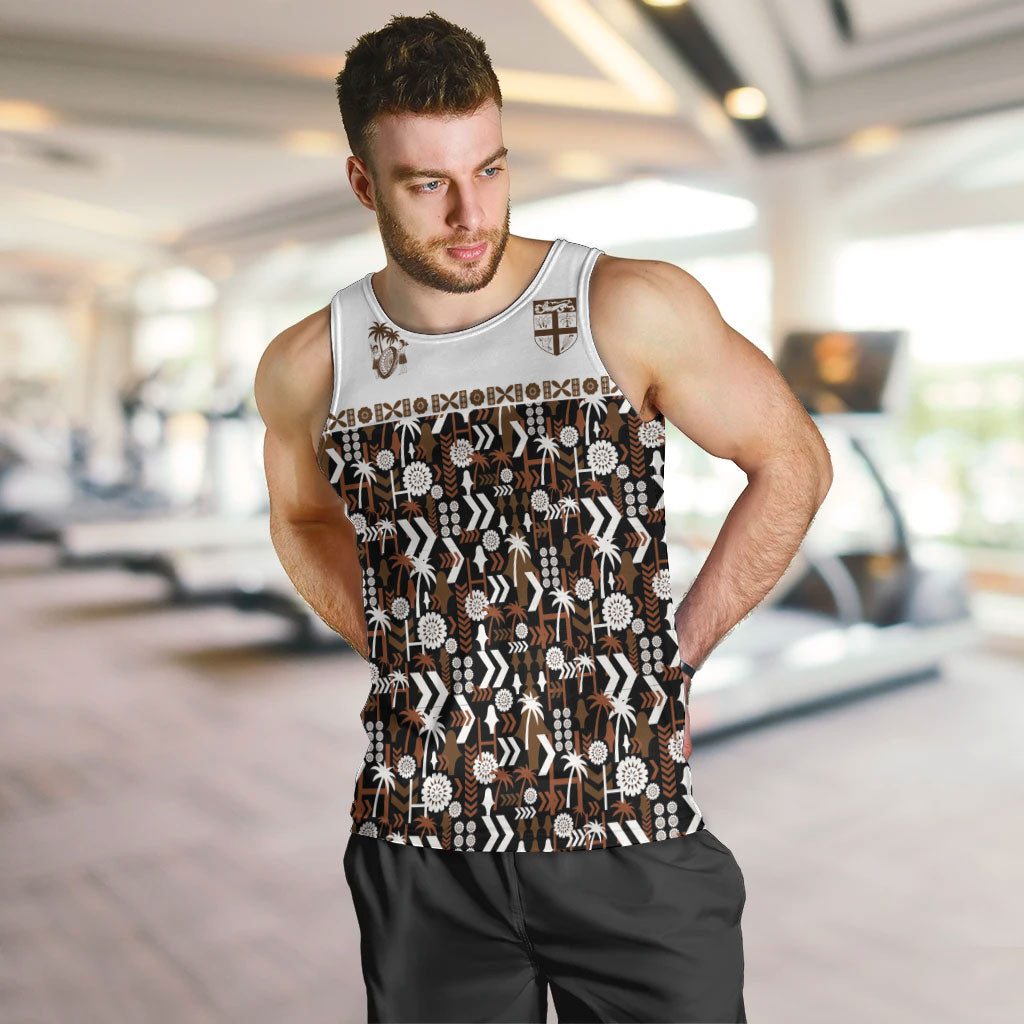 Fiji Bati Men Tank Top Masi-inspired Tapa Pattern LT9 Brown - Polynesian Pride