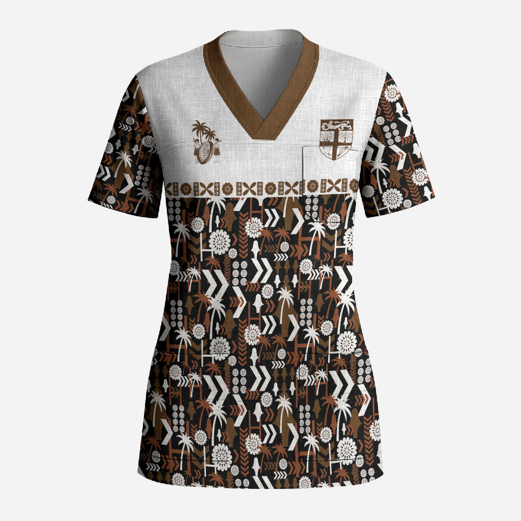 Fiji Bati Scrub Top Masi-inspired Tapa Pattern LT9 Adult Brown - Polynesian Pride