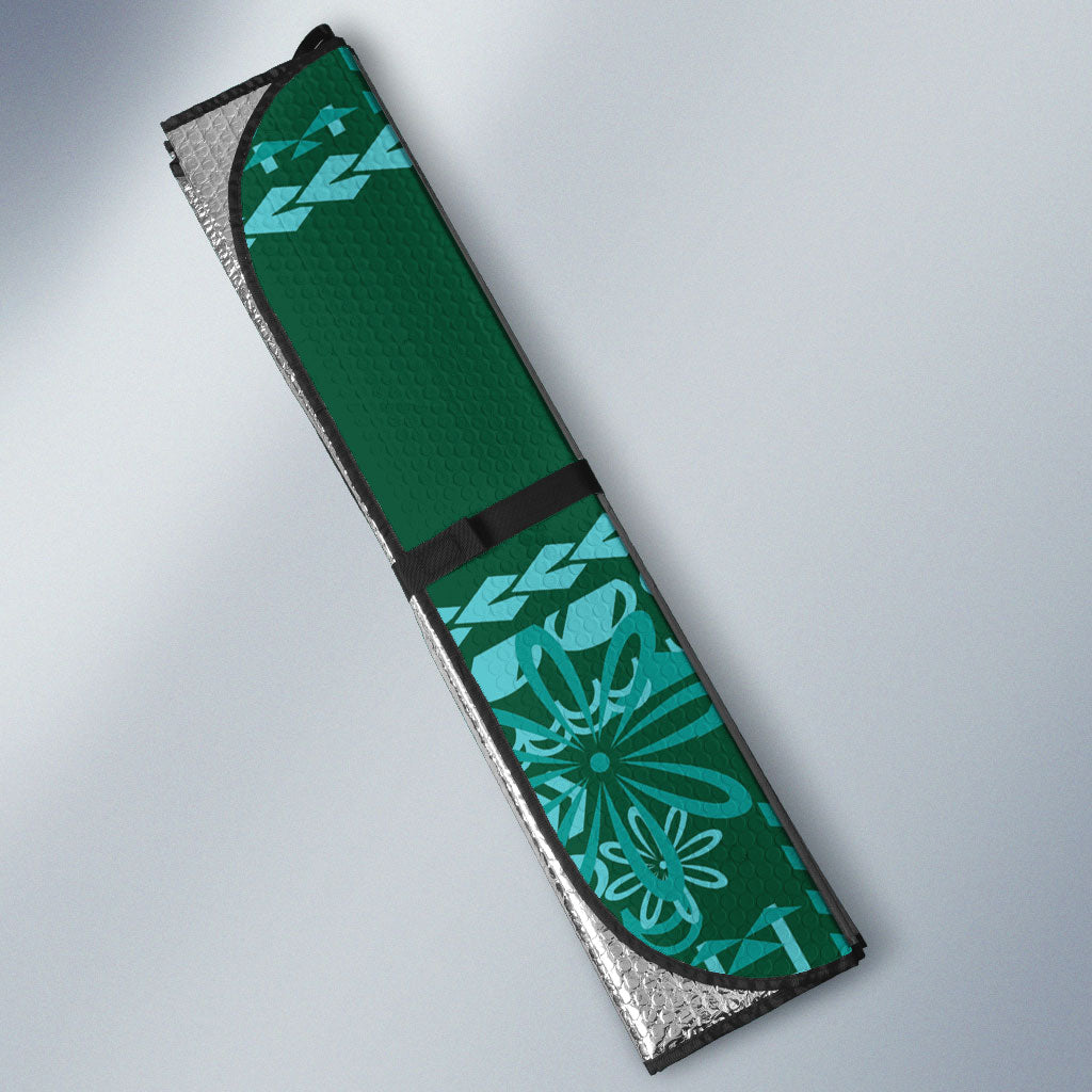 Cook Islands Island Floral Auto Sun Shade Teal Traditional Kuki's Geometric Pattern LT9 - Polynesian Pride