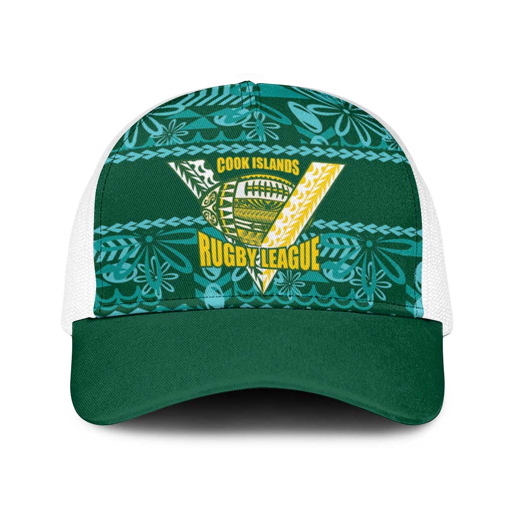Cook Islands Island Floral Baseball Net Cap Teal Traditional Kuki's Geometric Pattern LT9 One Size White Teal - Polynesian Pride