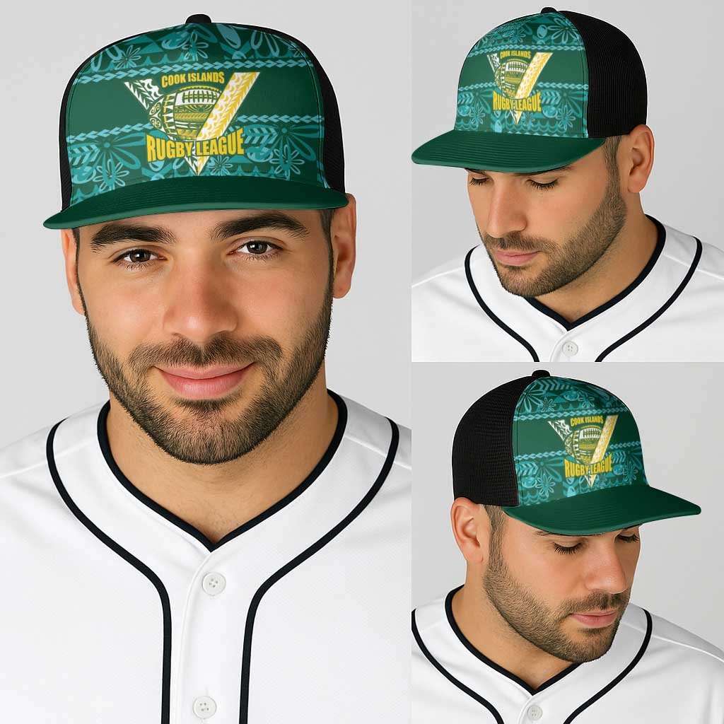 Cook Islands Island Floral Baseball Net Cap Teal Traditional Kuki's Geometric Pattern LT9 - Polynesian Pride