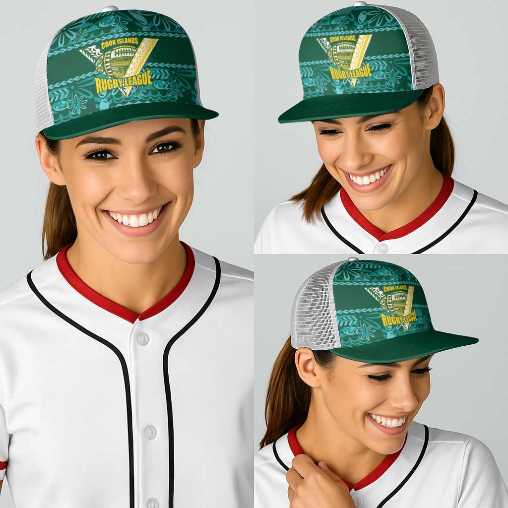 Cook Islands Island Floral Baseball Net Cap Teal Traditional Kuki's Geometric Pattern LT9 - Polynesian Pride