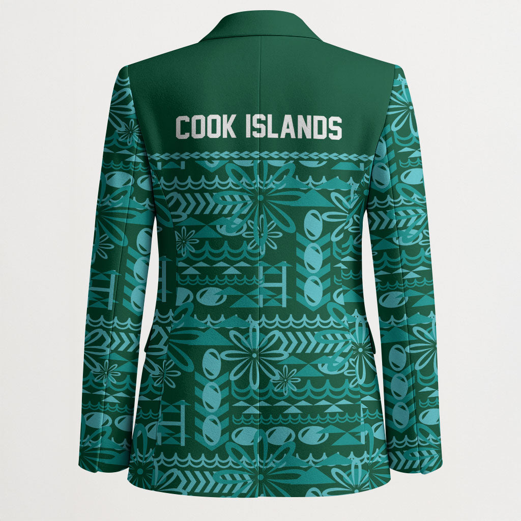 Cook Islands Island Floral Blazer Teal Traditional Kuki's Geometric Pattern LT9 - Polynesian Pride