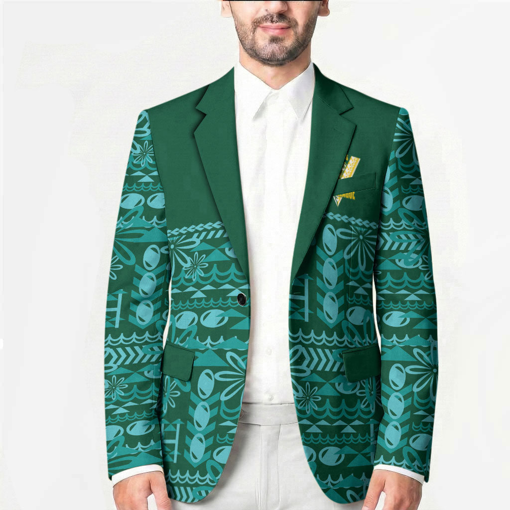 Cook Islands Island Floral Blazer Teal Traditional Kuki's Geometric Pattern LT9 - Polynesian Pride