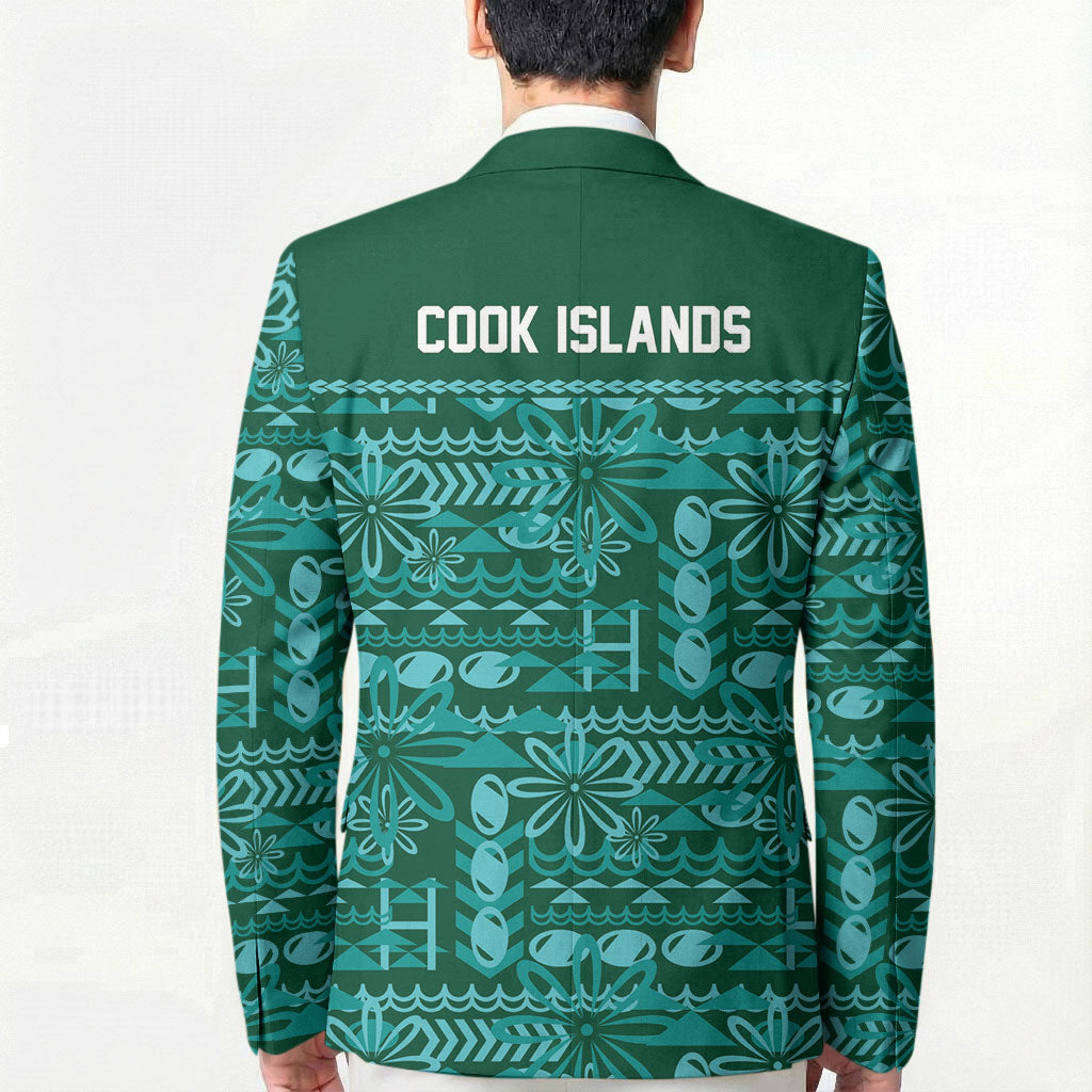 Cook Islands Island Floral Blazer Teal Traditional Kuki's Geometric Pattern LT9 - Polynesian Pride