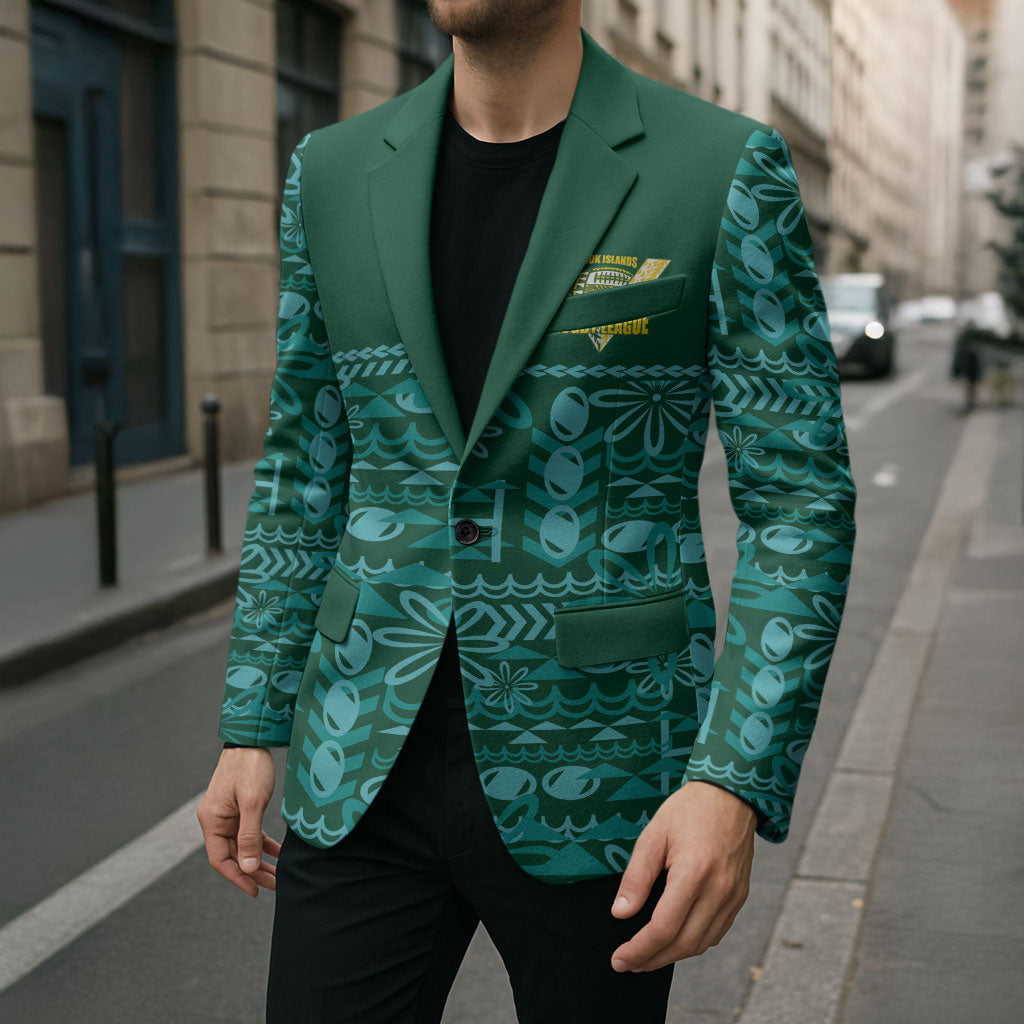 Cook Islands Island Floral Blazer Teal Traditional Kuki's Geometric Pattern LT9 - Polynesian Pride