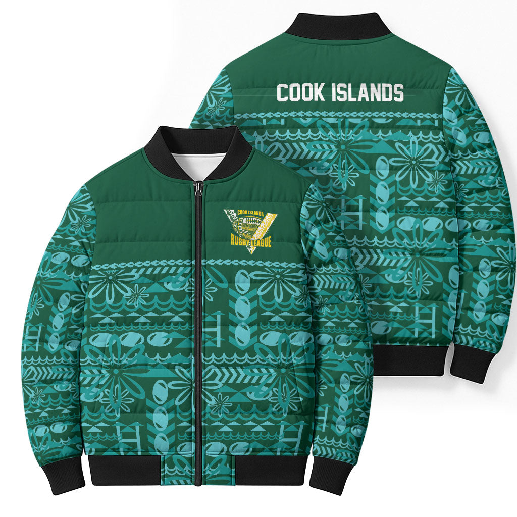Cook Islands Island Floral Bomber Puffer Jacket Teal Traditional Kuki's Geometric Pattern LT9 - Polynesian Pride