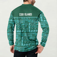Cook Islands Island Floral Button Sweatshirt Teal Traditional Kuki's Geometric Pattern LT9 - Polynesian Pride