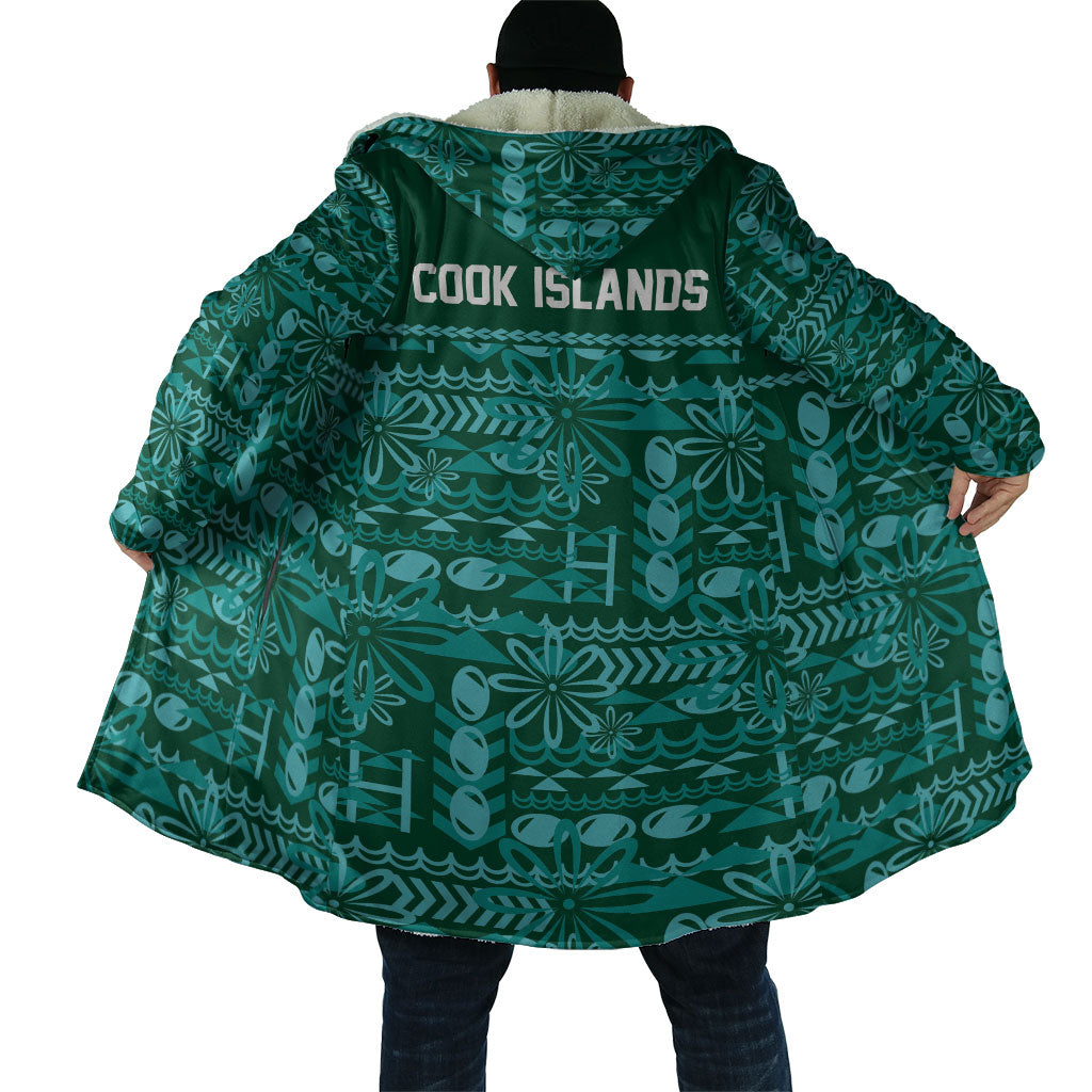 Cook Islands Island Floral Cloak Teal Traditional Kuki's Geometric Pattern