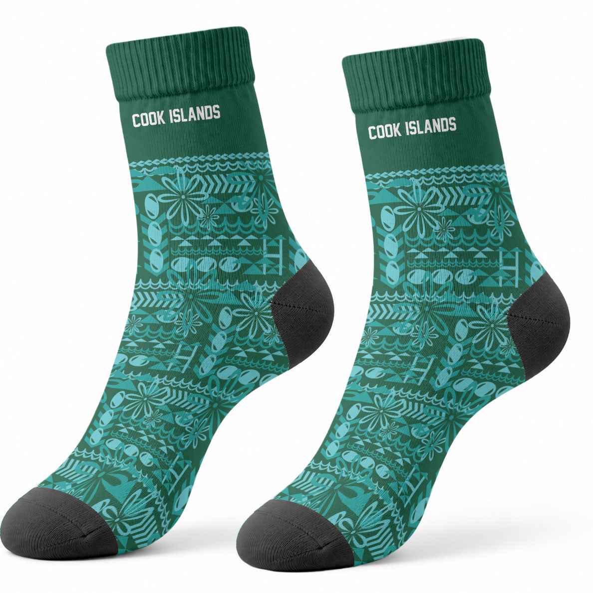 Cook Islands Island Floral Crew Socks Teal Traditional Kuki's Geometric Pattern LT9 - Polynesian Pride