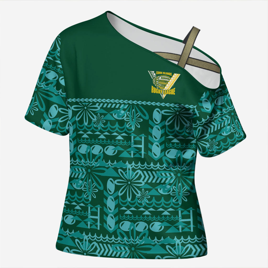 Cook Islands Island Floral Cross Shoulder Shirt Teal Traditional Kuki's Geometric Pattern LT9 Female Teal - Polynesian Pride