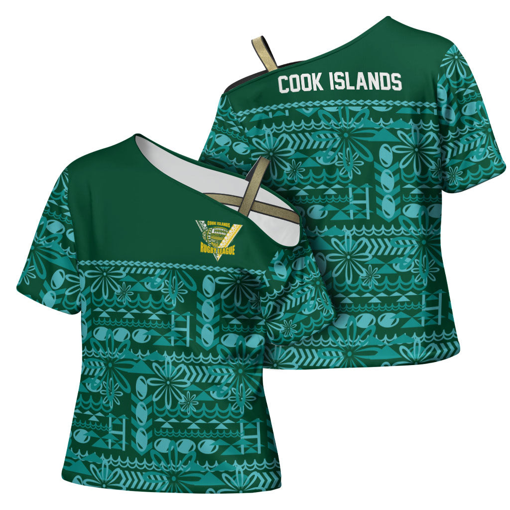 Cook Islands Island Floral Cross Shoulder Shirt Teal Traditional Kuki's Geometric Pattern LT9 - Polynesian Pride