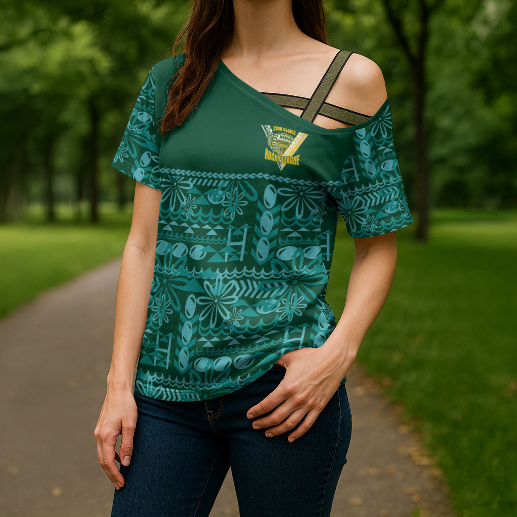 Cook Islands Island Floral Cross Shoulder Shirt Teal Traditional Kuki's Geometric Pattern LT9 - Polynesian Pride