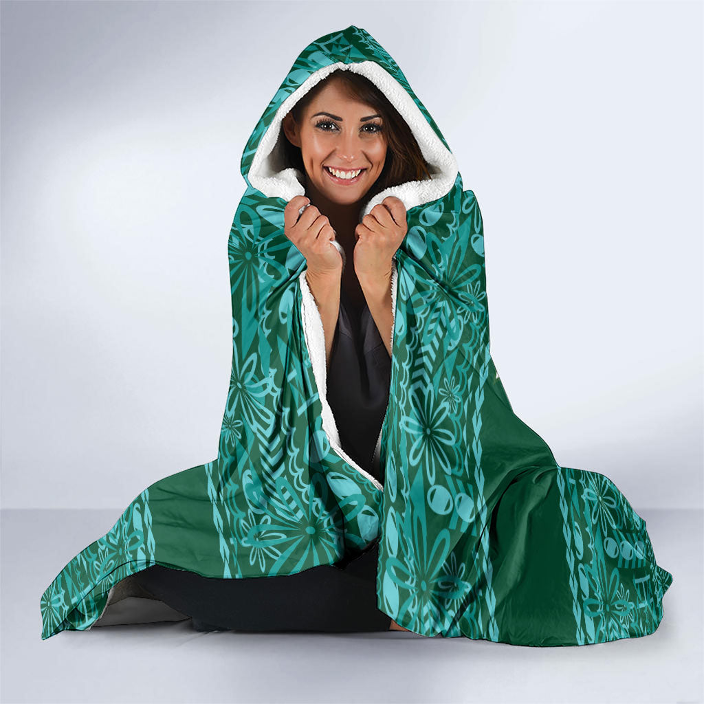 Cook Islands Island Floral Hooded Blanket Teal Traditional Kuki's Geometric Pattern LT9 - Polynesian Pride