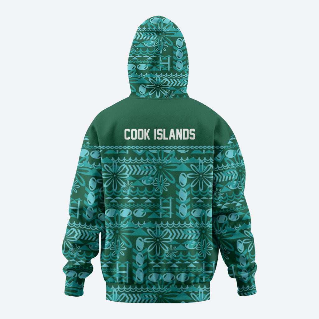 Cook Islands Island Floral Hoodie Teal Traditional Kuki's Geometric Pattern LT9 - Polynesian Pride