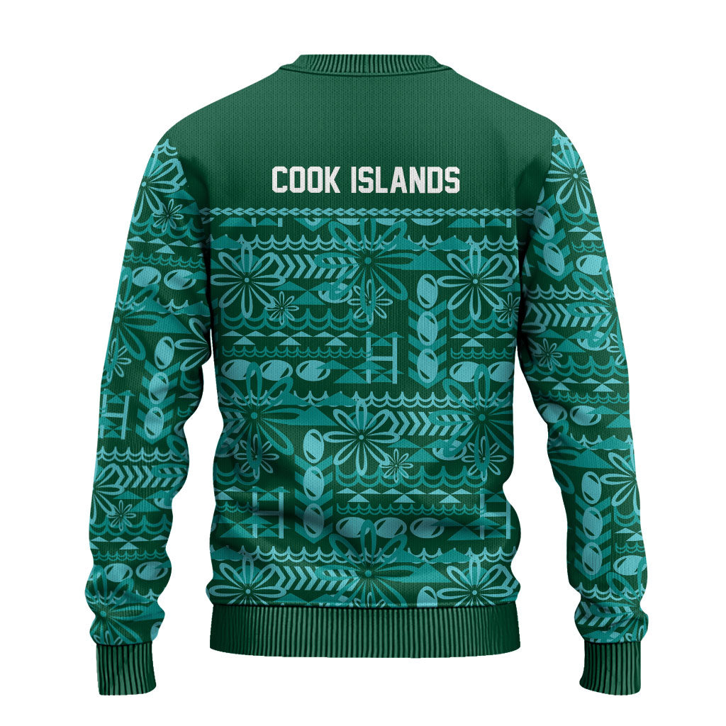 Cook Islands Island Floral Ugly Christmas Sweater Teal Traditional Kuki's Geometric Pattern LT9 - Polynesian Pride