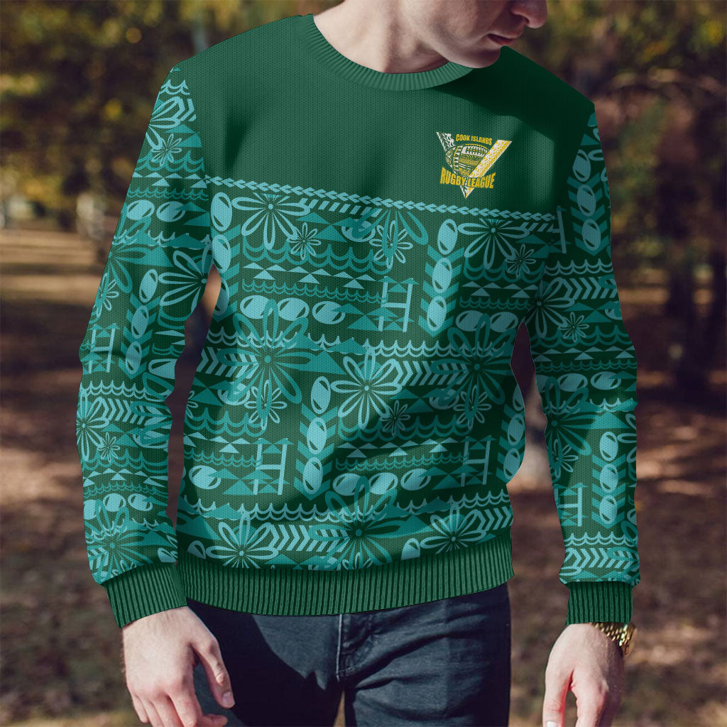 Cook Islands Island Floral Ugly Christmas Sweater Teal Traditional Kuki's Geometric Pattern LT9 - Polynesian Pride