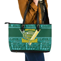 Cook Islands Island Floral Leather Tote Bag Teal Traditional Kuki's Geometric Pattern LT9 - Polynesian Pride