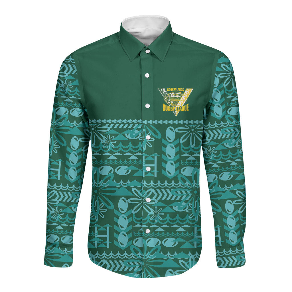 Cook Islands Island Floral Long Sleeve Button Shirt Teal Traditional Kuki's Geometric Pattern LT9 Unisex Teal - Polynesian Pride