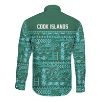Cook Islands Island Floral Long Sleeve Button Shirt Teal Traditional Kuki's Geometric Pattern LT9 - Polynesian Pride