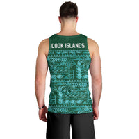 Cook Islands Island Floral Men Tank Top Teal Traditional Kuki's Geometric Pattern LT9 - Polynesian Pride