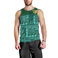 Cook Islands Island Floral Men Tank Top Teal Traditional Kuki's Geometric Pattern LT9 - Polynesian Pride