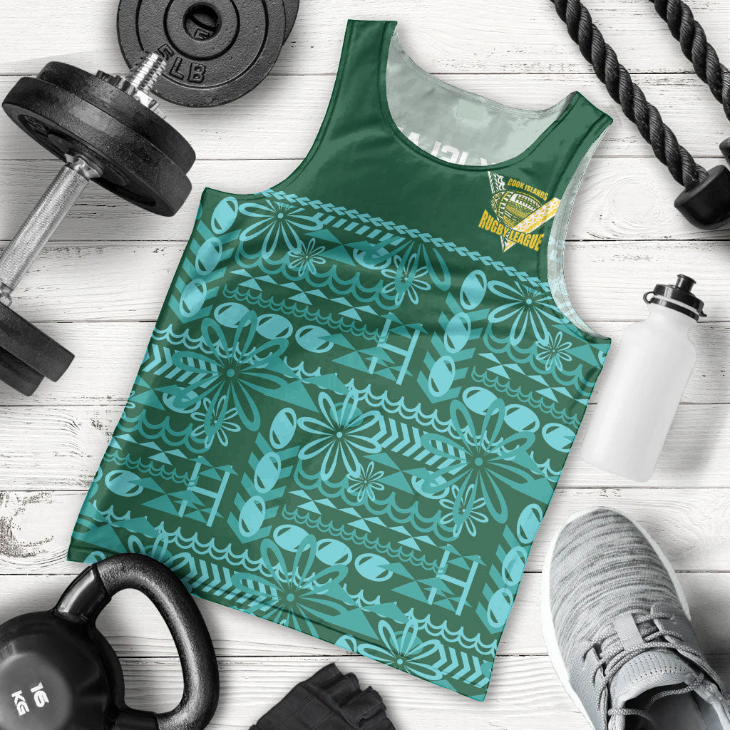 Cook Islands Island Floral Men Tank Top Teal Traditional Kuki's Geometric Pattern LT9 - Polynesian Pride