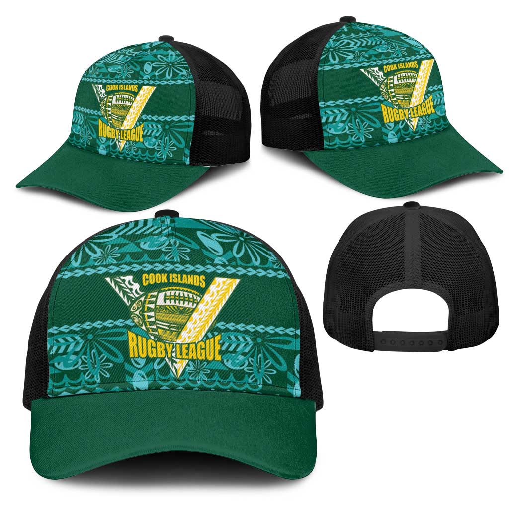 Cook Islands Island Floral Mesh Trucker Cap Teal Traditional Kuki's Geometric Pattern