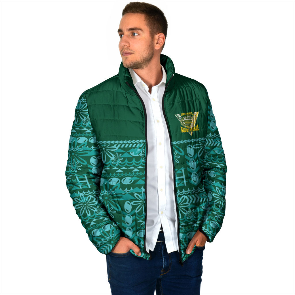 Cook Islands Island Floral Padded Jacket Teal Traditional Kuki's Geometric Pattern LT9 - Polynesian Pride