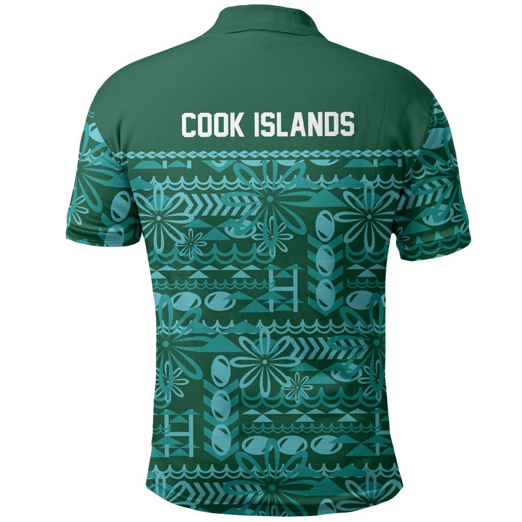 Cook Islands Island Floral Polo Shirt Teal Traditional Kuki's Geometric Pattern LT9 - Polynesian Pride