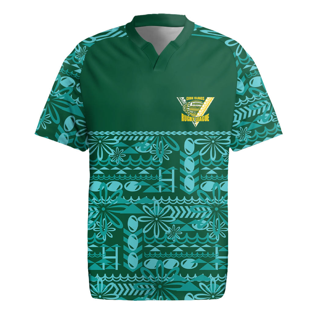 Cook Islands Island Floral Rugby Jersey Teal Traditional Kuki's Geometric Pattern LT9 Teal - Polynesian Pride