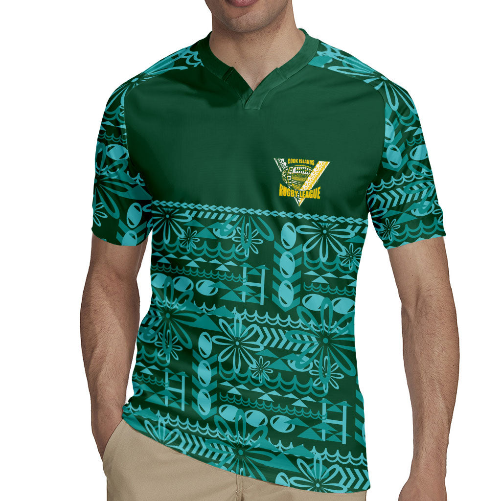 Cook Islands Island Floral Rugby Jersey Teal Traditional Kuki's Geometric Pattern LT9 - Polynesian Pride