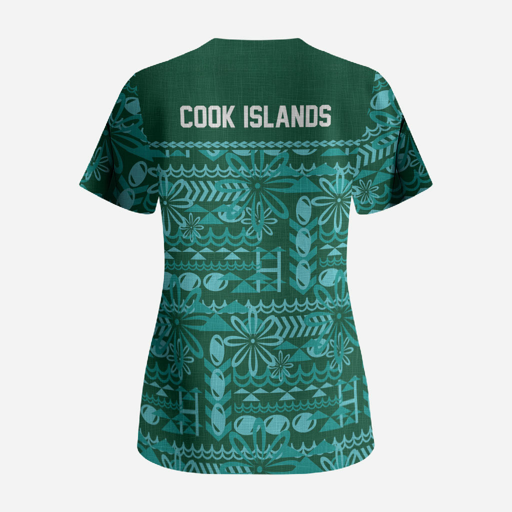 Cook Islands Island Floral Scrub Top Teal Traditional Kuki's Geometric Pattern LT9 - Polynesian Pride