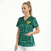 Cook Islands Island Floral Scrub Top Teal Traditional Kuki's Geometric Pattern LT9 - Polynesian Pride