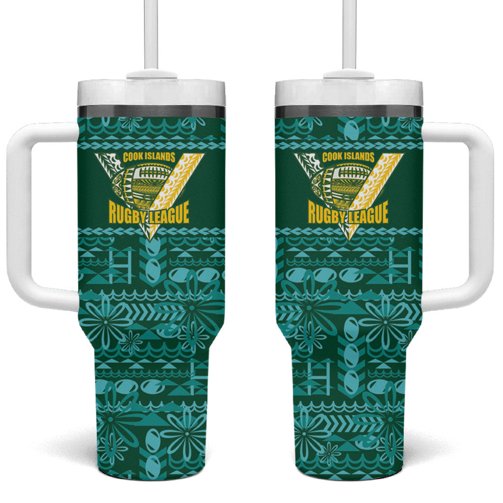 Cook Islands Island Floral Tumbler With Handle Teal Traditional Kuki's Geometric Pattern LT9 One Size: 40 oz Teal - Polynesian Pride