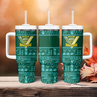 Cook Islands Island Floral Tumbler With Handle Teal Traditional Kuki's Geometric Pattern LT9 - Polynesian Pride