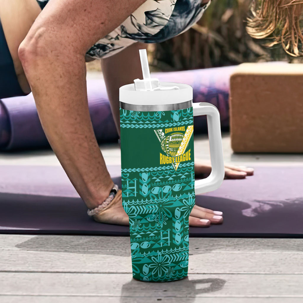 Cook Islands Island Floral Tumbler With Handle Teal Traditional Kuki's Geometric Pattern LT9 - Polynesian Pride
