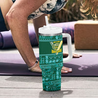 Cook Islands Island Floral Tumbler With Handle Teal Traditional Kuki's Geometric Pattern LT9 - Polynesian Pride