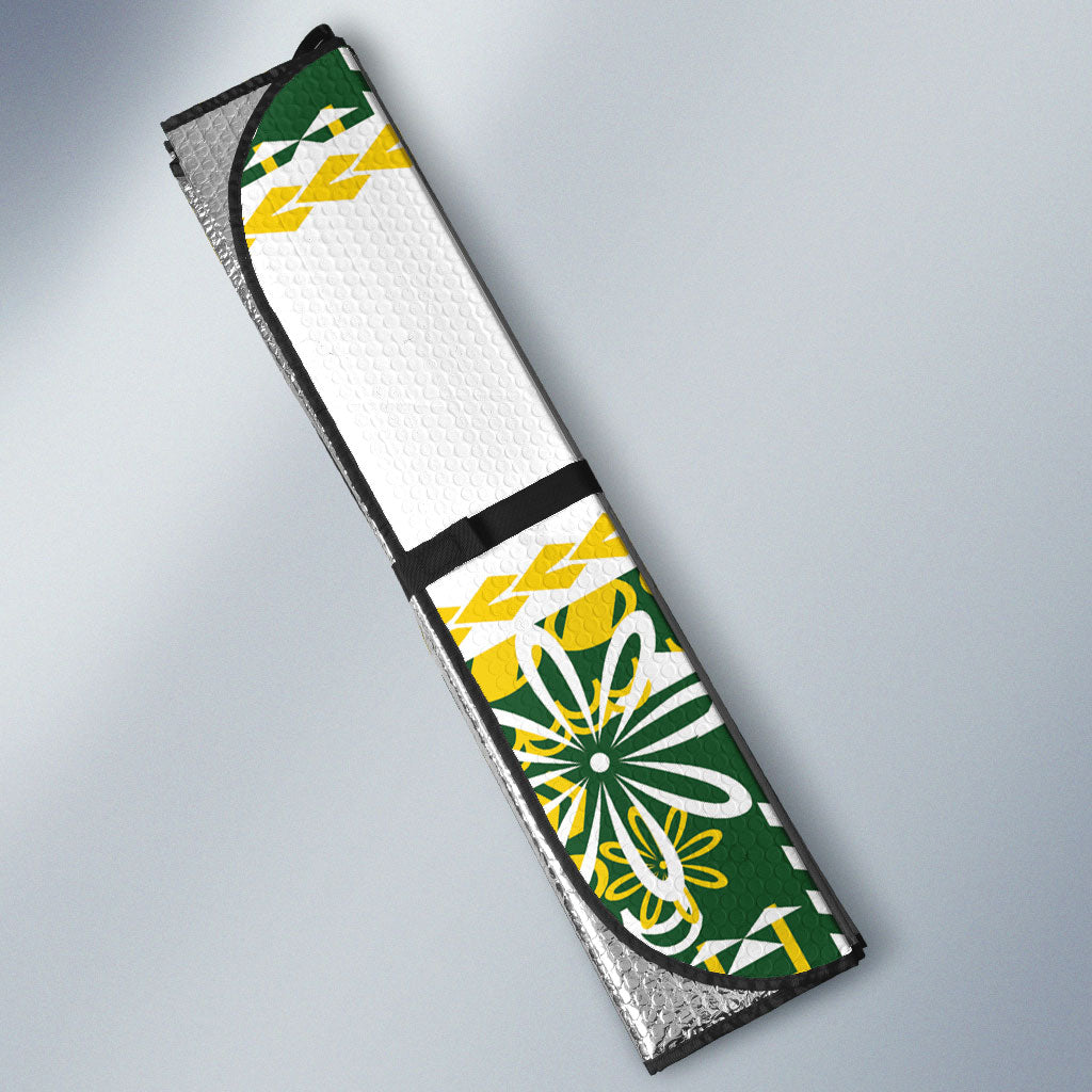 Cook Islands Island Floral Auto Sun Shade Green Traditional Kuki's Geometric Pattern LT9 - Polynesian Pride