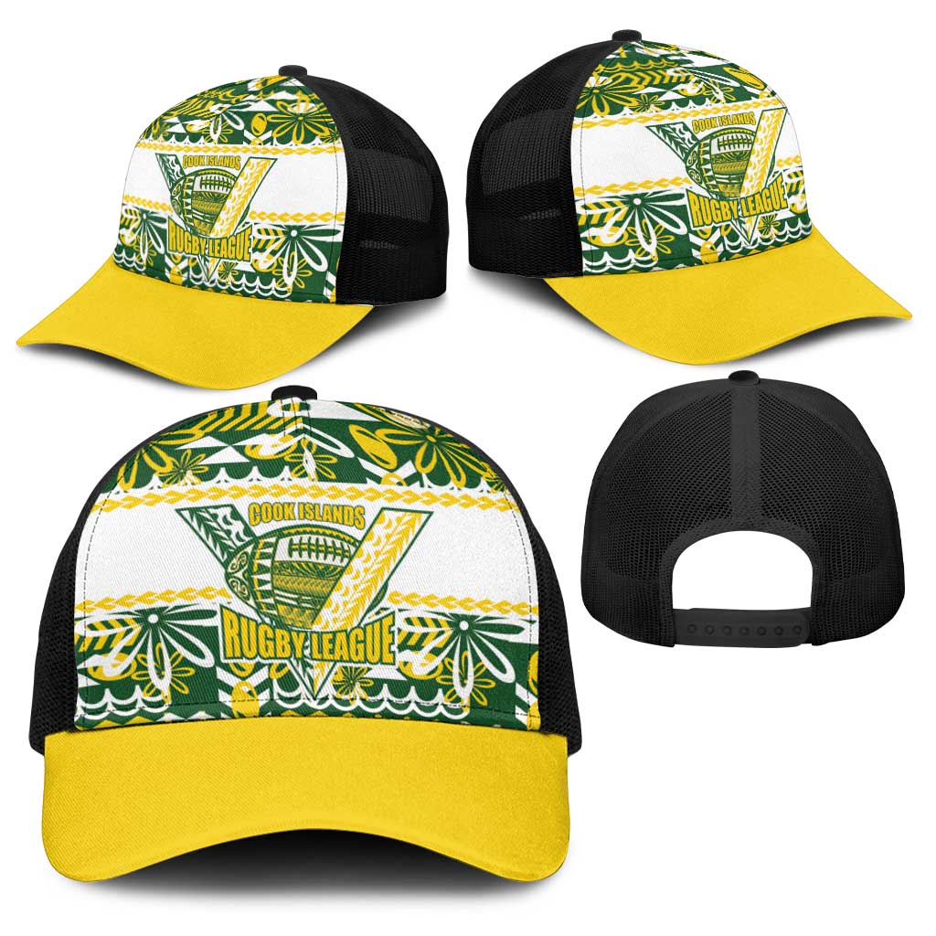 Cook Islands Island Floral Baseball Net Cap Green Traditional Kuki's Geometric Pattern LT9 - Polynesian Pride