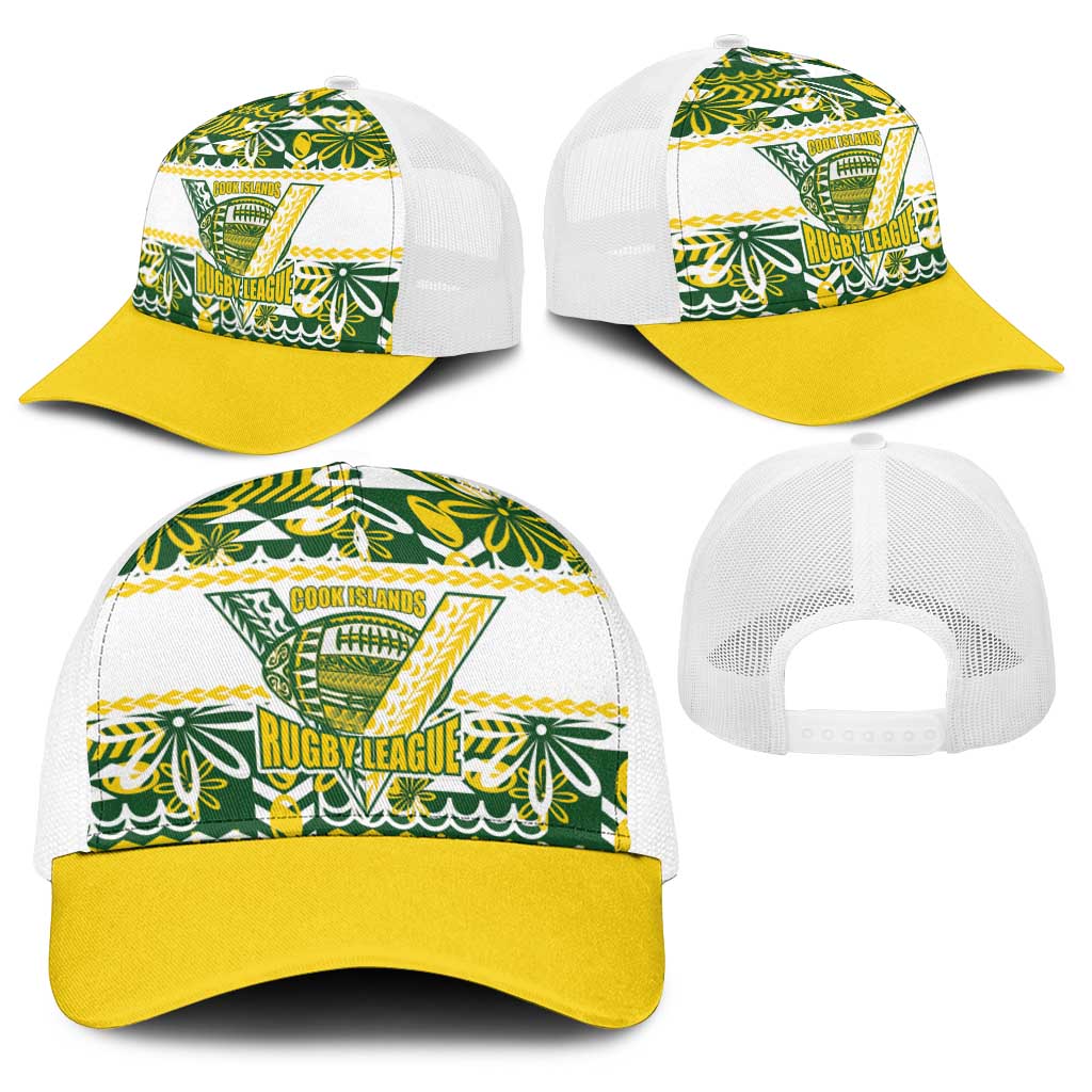 Cook Islands Island Floral Baseball Net Cap Green Traditional Kuki's Geometric Pattern LT9 - Polynesian Pride