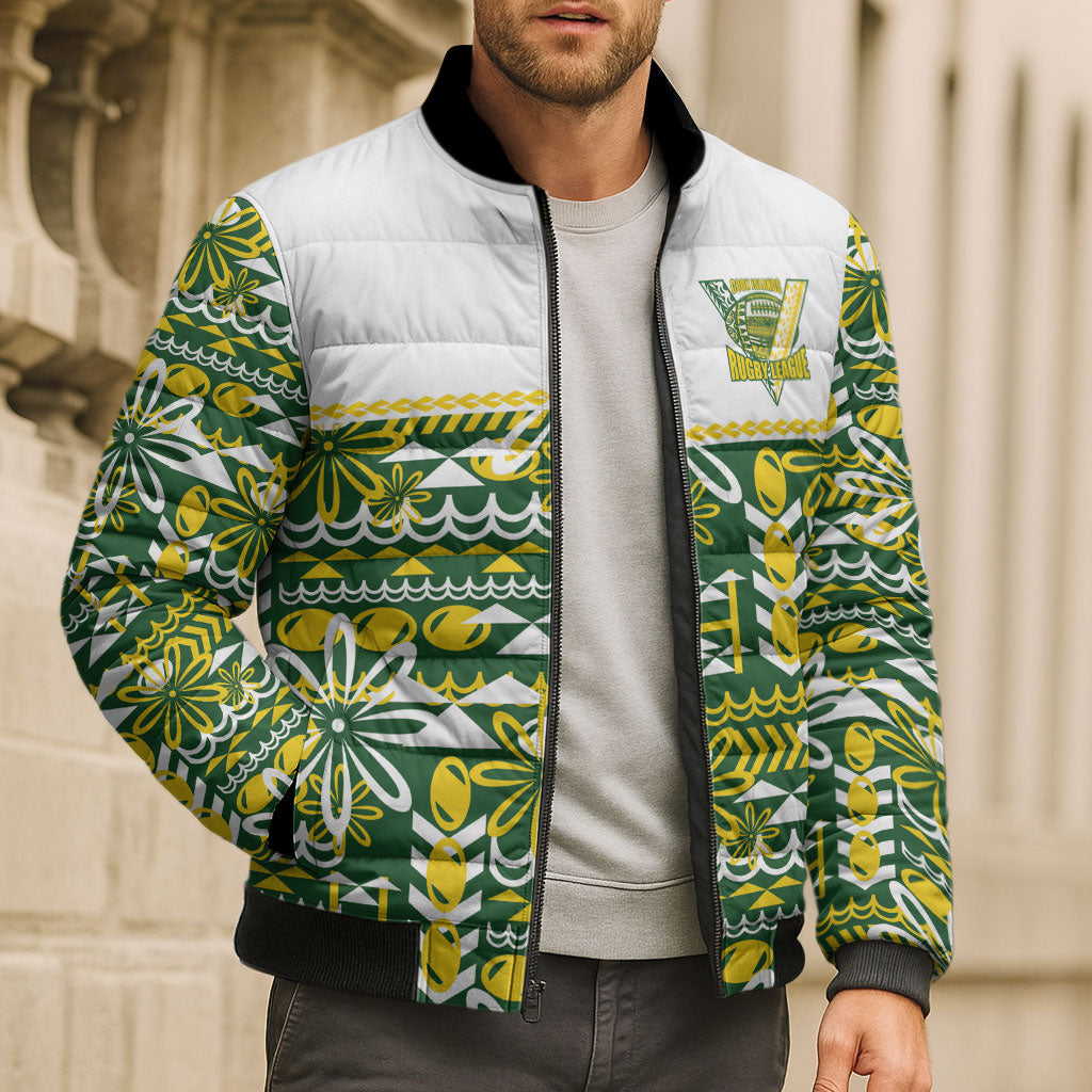 Cook Islands Island Floral Bomber Puffer Jacket Green Traditional Kuki's Geometric Pattern LT9 - Polynesian Pride