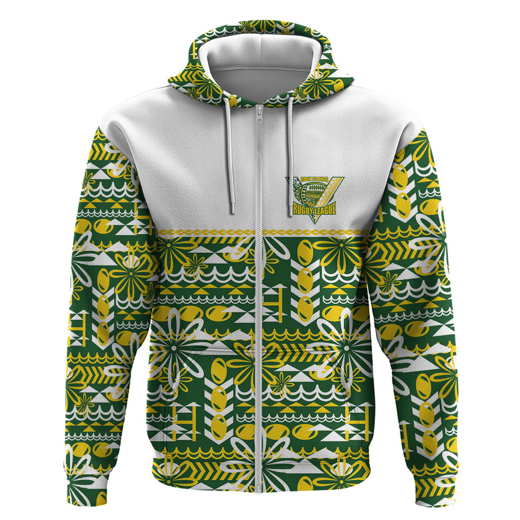Cook Islands Island Floral Hoodie Green Traditional Kuki's Geometric Pattern LT9 Zip Hoodie Green - Polynesian Pride