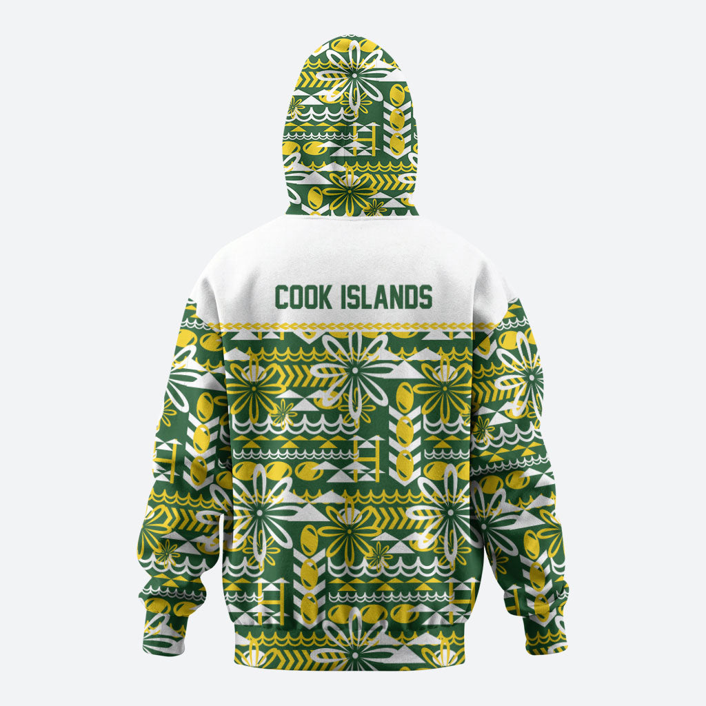 Cook Islands Island Floral Hoodie Green Traditional Kuki's Geometric Pattern LT9 - Polynesian Pride