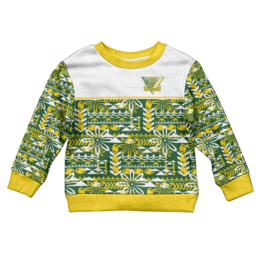 Cook Islands Island Floral Kid Ugly Christmas Sweater Green Traditional Kuki's Geometric Pattern LT9 Kid Green - Polynesian Pride